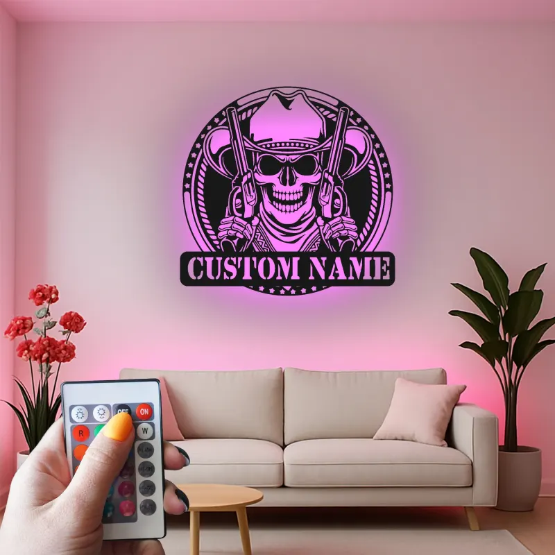 Décoration murale en métal personnalisée Crâne de Cowboy avec rétroéclairage LED - Cadeau personnalisé pour les passionnés de western - Décor de man cave