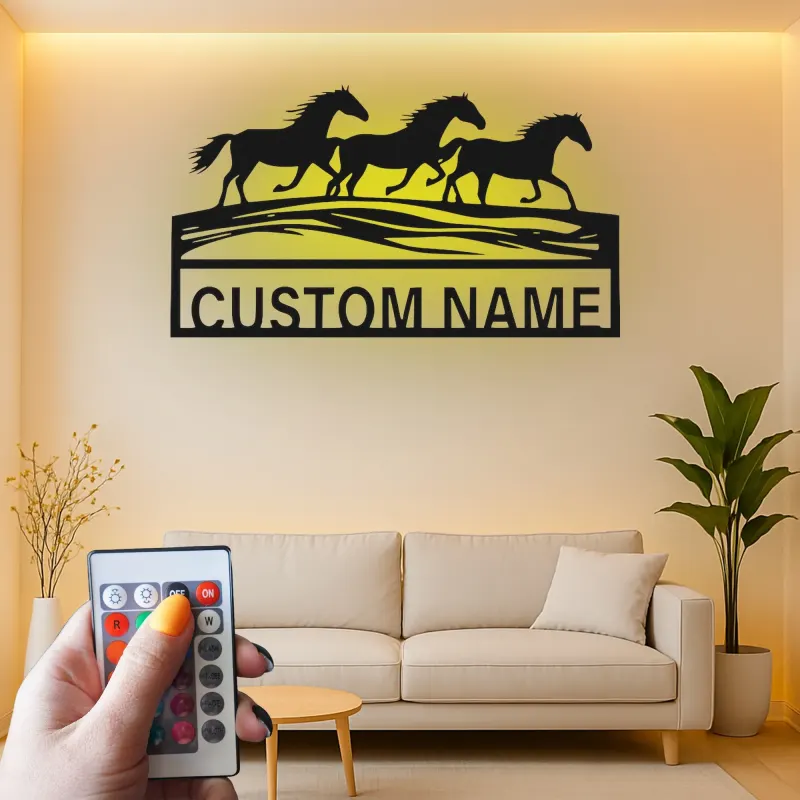 Running Horses Metal Wall Art | Custom LED Name Sign | Personalized Farmhouse & Ranch Decor for Horse Lovers