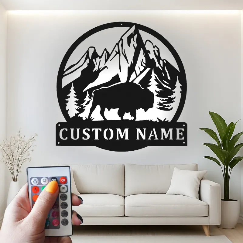 Cartel de metal LED personalizado de Bisonte y Montaña, regalo para amantes de la naturaleza, decoración rústica de cabaña 1