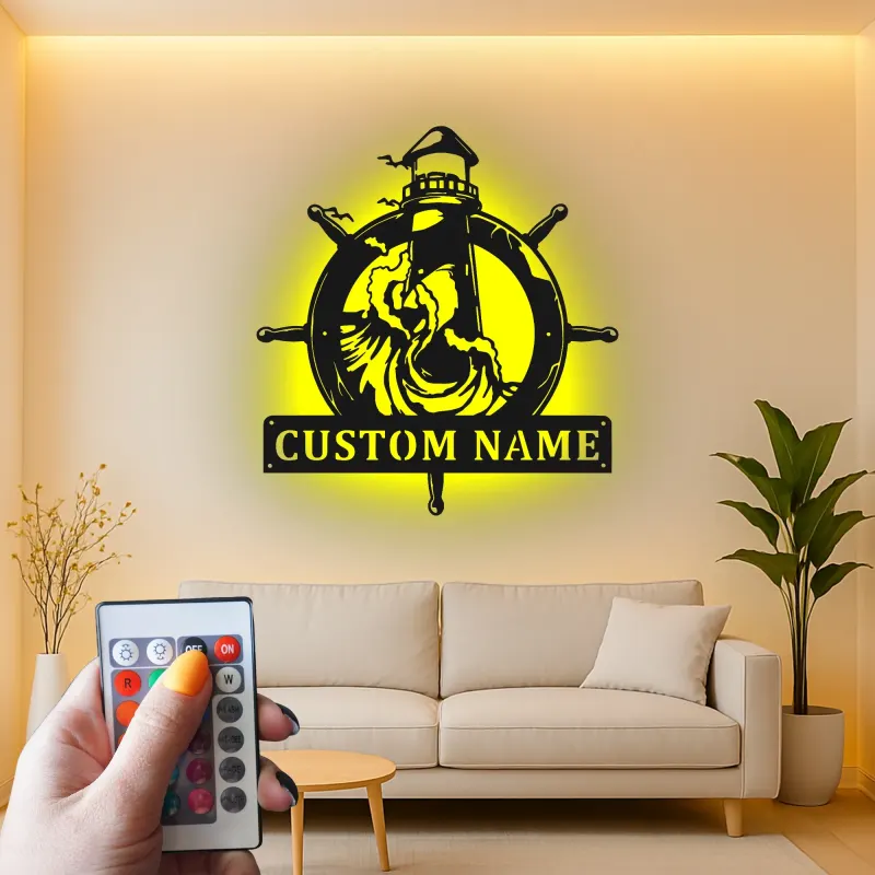 Cartel LED náutico de metal | Decoración mural personalizada con faro y timón | Decoración marítima personalizada para casa de playa