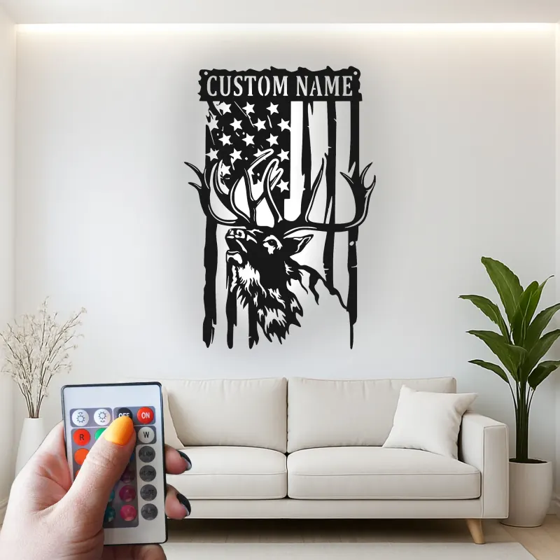 Décoration murale en métal personnalisée avec cerf et drapeau américain, éclairage LED, cadeau personnalisé pour chasseurs, décoration de cabane rustique 3
