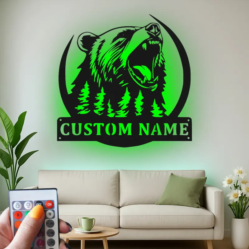 Décoration murale en métal personnalisée avec éclairage LED Forêt d'Ours Cadeau pour Amateurs de Nature Décor de Cabane ou Lodge