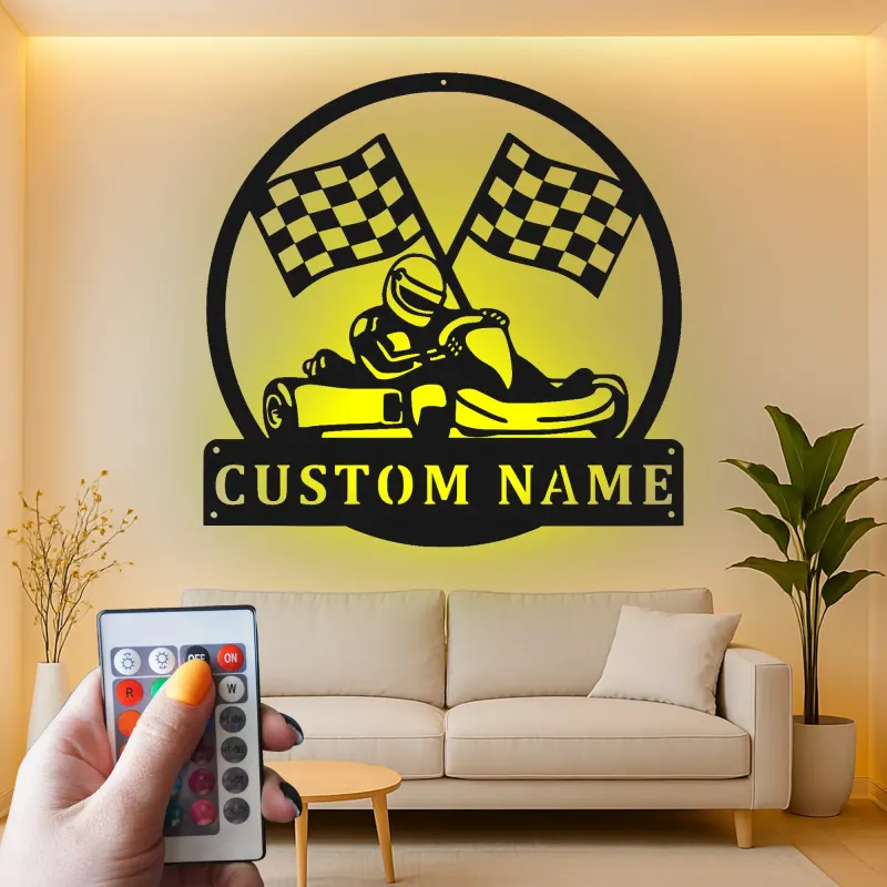 Enseigne métal pilote de karting personnalisée | Décoration murale LED pour garage | Cadeau fan de course | Déco man cave et salle de course