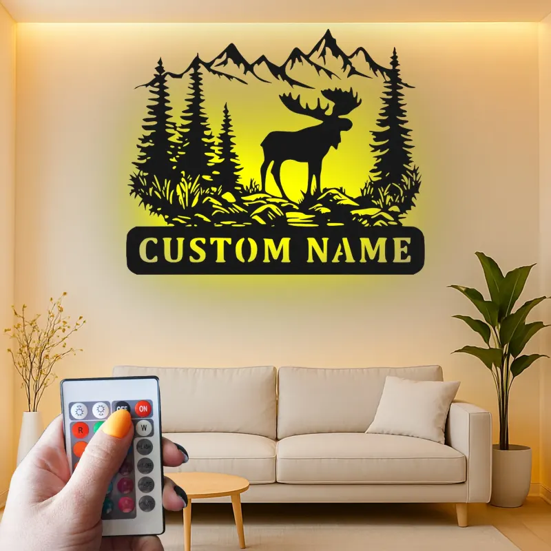 Cartel LED de alce macho | Arte mural rústico de cabaña | Decoración personalizada de bosque de montaña | Regalo para amante de la vida salvaje