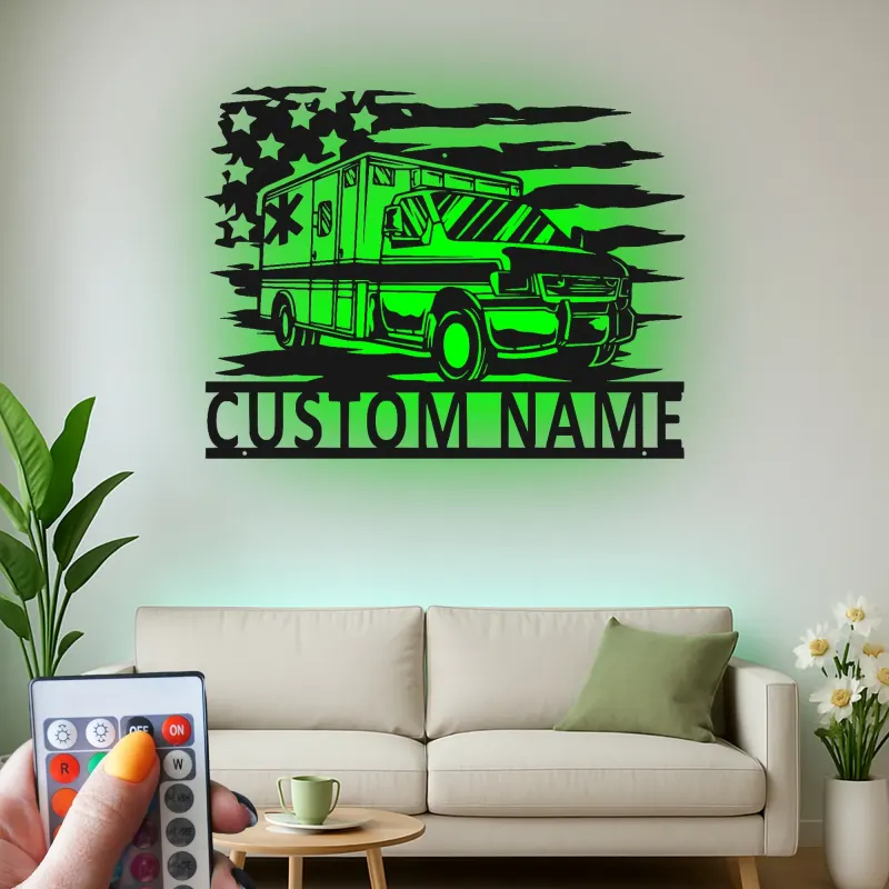 Décoration murale en métal personnalisée avec éclairage LED Ambulance - Cadeau personnalisé pour les EMTs et décoration de bureau des services d'urgence