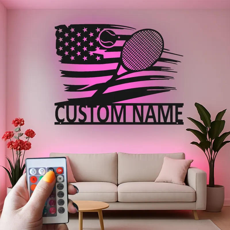 Cartel de nombre de tenis personalizado | Arte mural de metal con bandera americana y LED | Regalo personalizado para jugador de tenis | Decoración deportiva patriótica