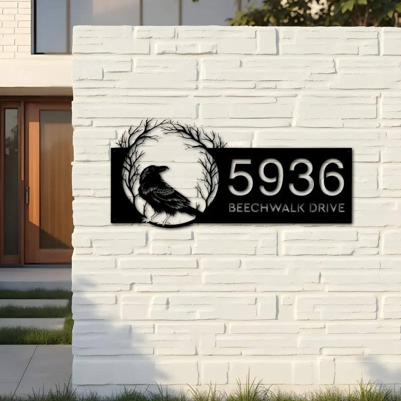 Custom Metal Raven Crow Halloween Wreath Metal Address Sign, House number, Outdoor Number Signage, Yard Sign Address Plate
