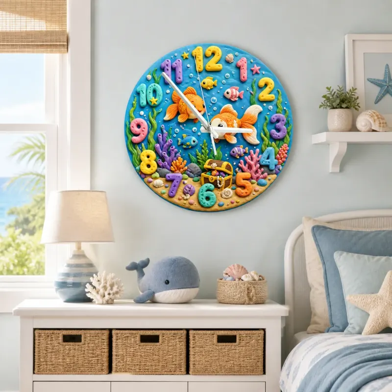Wanduhr für Kinderzimmer mit Unterwasser-Motiv | Bunte Fische Schatz-Nursery-Dekoration, Spielzimmer-Wandkunst Geschenkidee für Babys (34,5 cm)