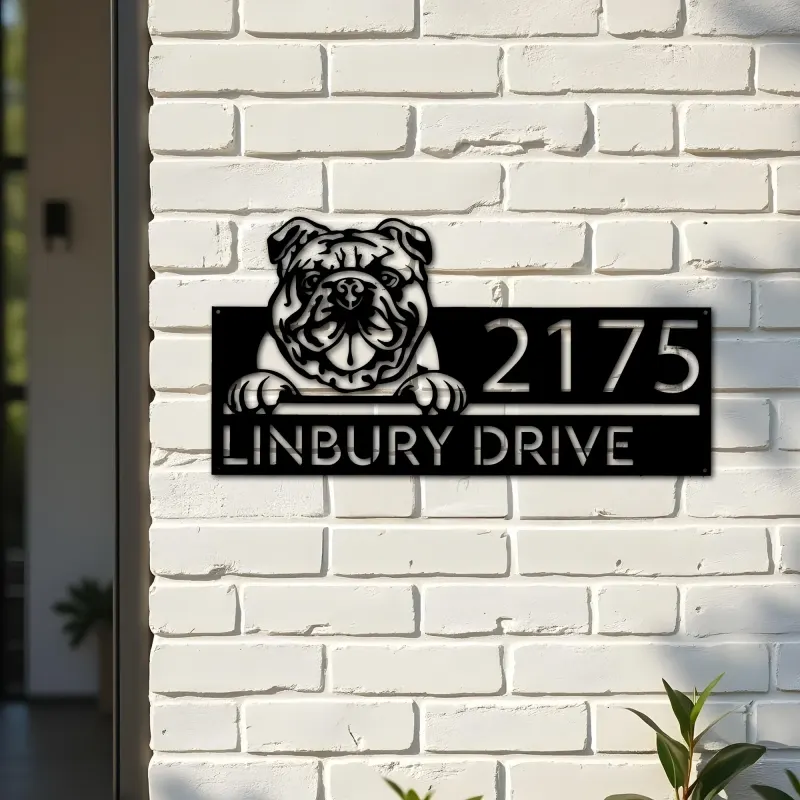 Custom Metal English Bulldog dog Puppy Metal Address Sign House number Hanging Address Plaque Yard Sign Outdoor decor