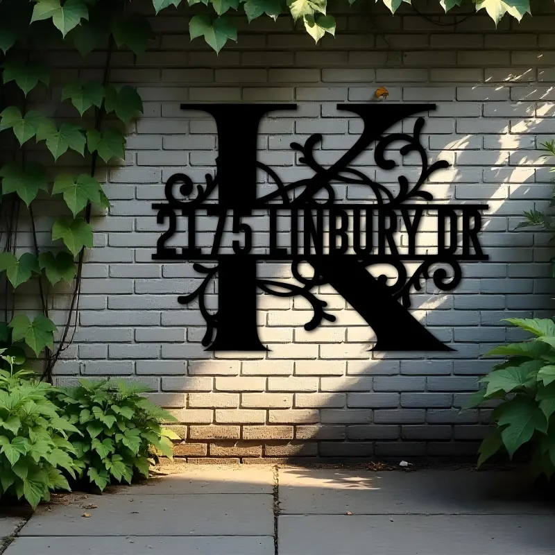 Custom Metal Floral Monogram Split Letter K Metal Address Sign House number Hanging Address Plaque Yard Sign Outdoor decor