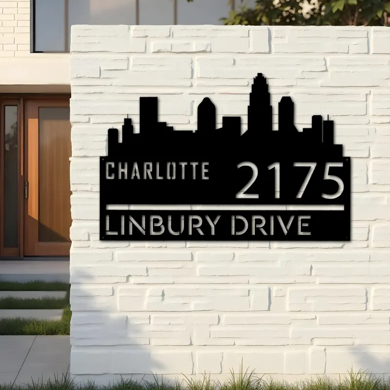 Custom Metal Charlotte city skyline Metal Address Sign Hanging Address Plaque house number Yard Outdoor Sign