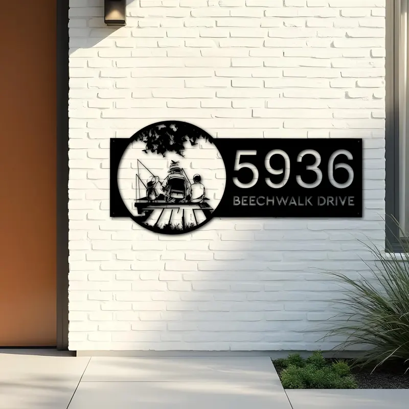 Custom Metal Dad son and daughter go fishing Metal Address Sign Custom House number Hanging Address Plaque Yard Sign Outdoor