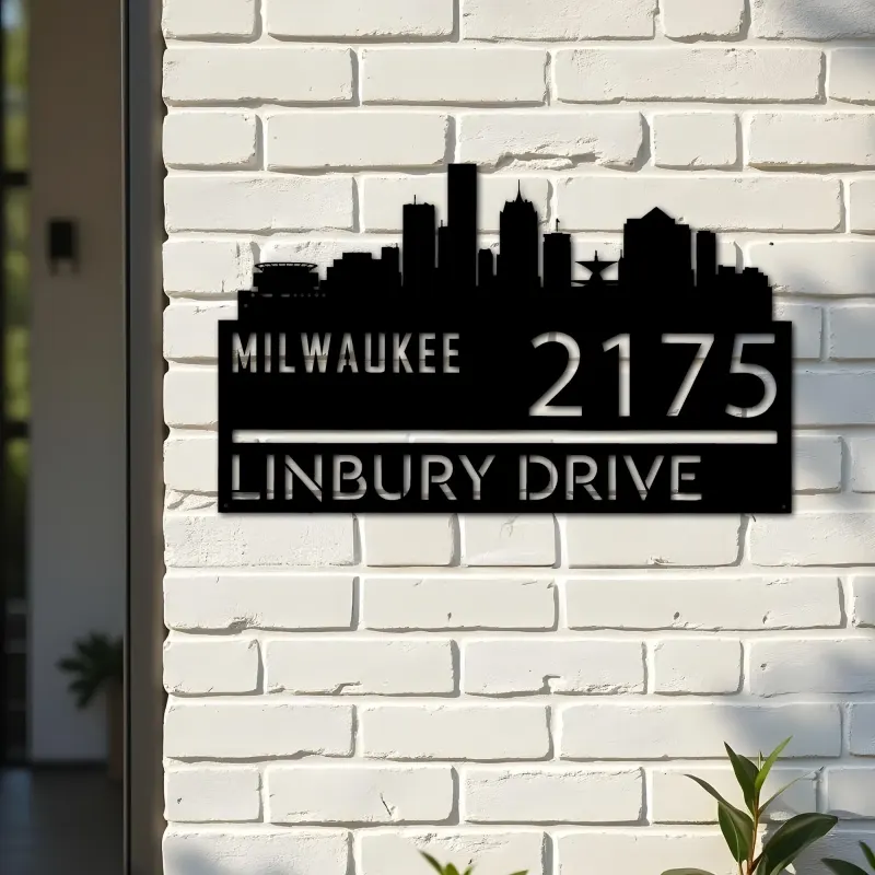 Custom Metal Milwaukee city skyline Metal Address Sign Hanging Address Plaque house number Yard Outdoor Sign
