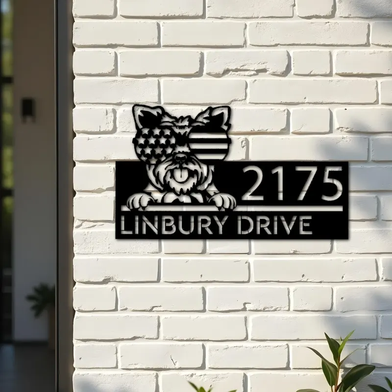 Custom Metal Yorkshire dog US flag glasses Metal Address Sign House number Hanging Address Plaque Yard Sign Outdoor decor