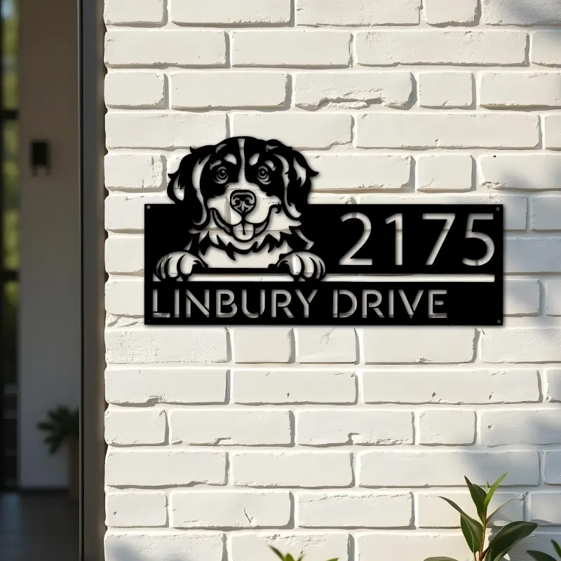Custom Metal Bernese mountain dog cute puppy Metal Address Sign House number Hanging Address Plaque Yard Sign Outdoor decor