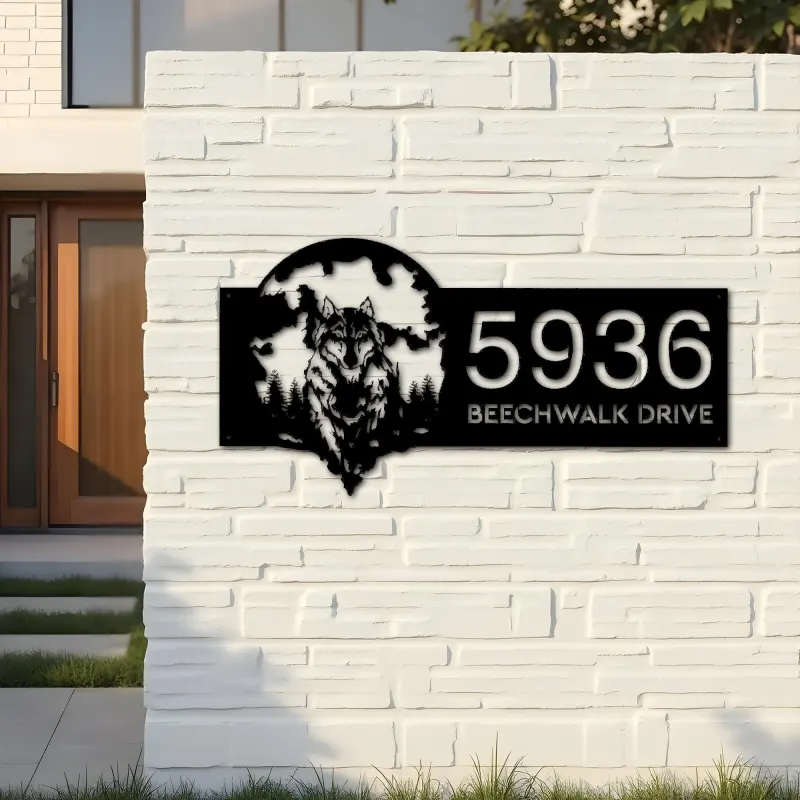 Custom Metal Wolf on full moon Metal Address Sign, House number, Outdoor Number Signage, Yard Sign Address Plate