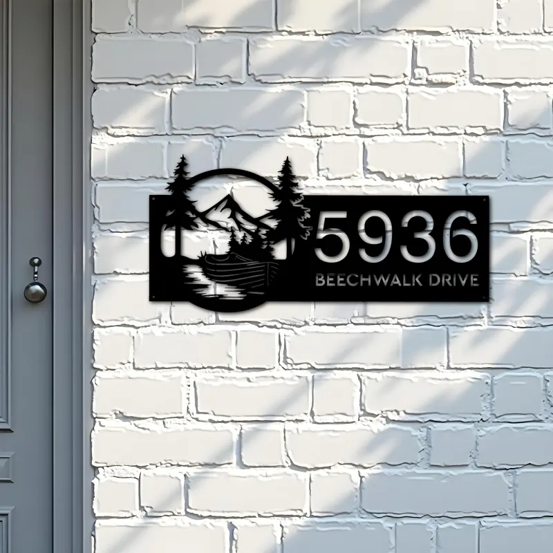 Custom Metal Boat on River Mountain Forest Wild Scene Metal Address Sign House Number Hanging Address Plaque Yard Sign Outdoor Sign