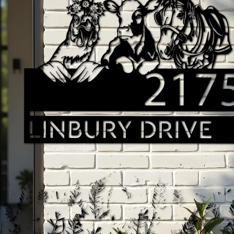 Custom Metal Chicken Cow horse farmhouse farm animals Metal Address Sign, House number, Outdoor Number Signage, Yard Sign Address Plate