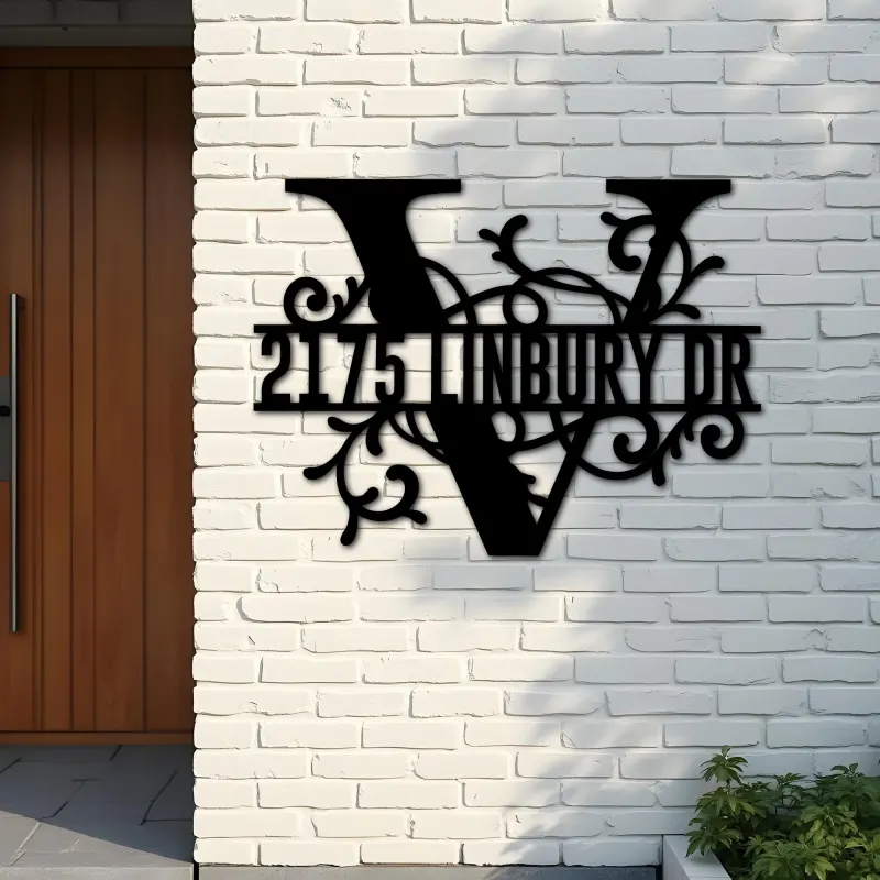 Custom Metal Floral Monogram Split Letter V Metal Address Sign House number Hanging Address Plaque Yard Sign Outdoor decor