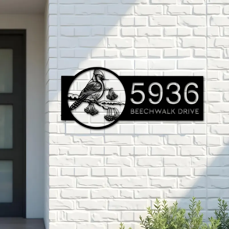 Custom Metal Blue jay bird Metal Address Sign Custom Hanging Address Plaque House number Yard Sign Outdoor Sign