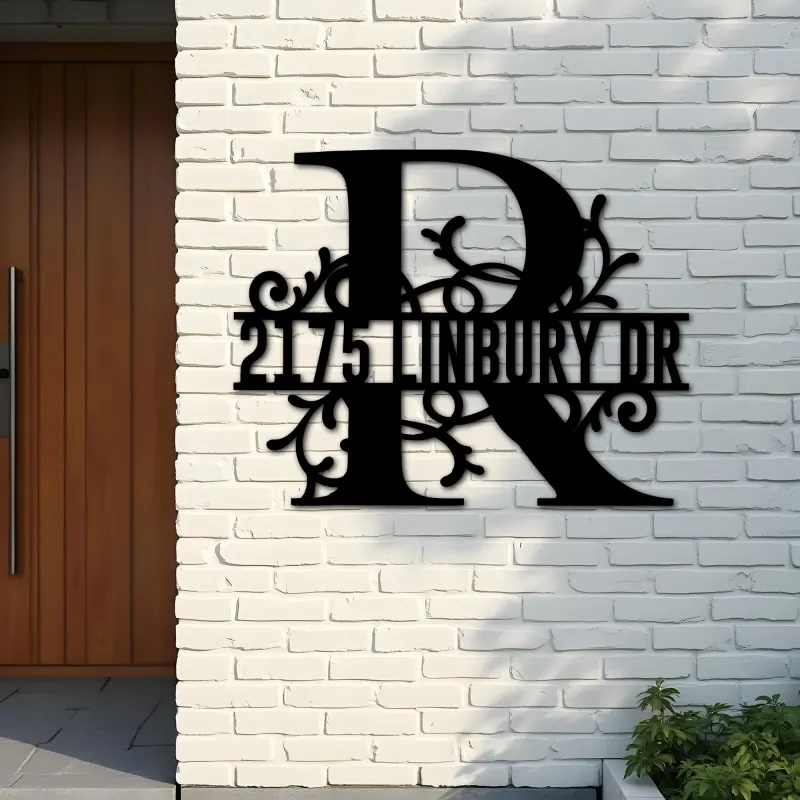 Custom Metal Floral Monogram Split Letter R Metal Address Sign House number Hanging Address Plaque Yard Sign Outdoor decor