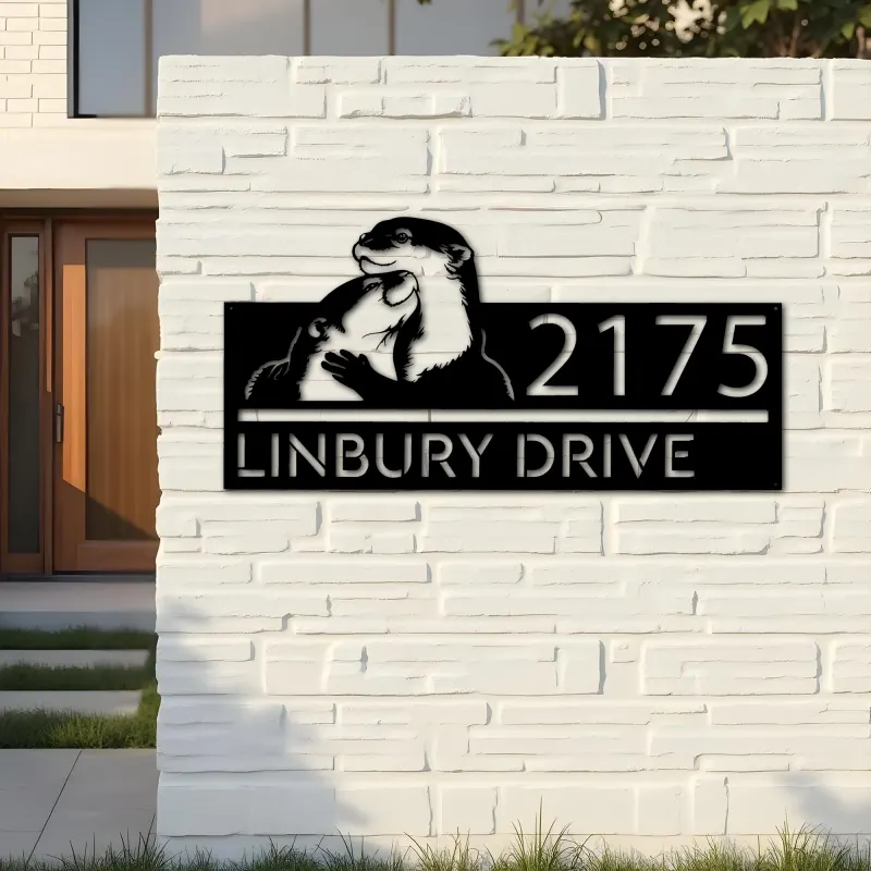 Custom Metal Cute otters couple Metal Address Sign, House number, Outdoor Number Signage, Yard Sign Address Plate