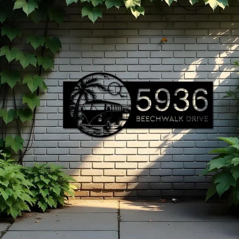 Custom Metal Palm Trees and Camper Van on Sea Beach Metal Address Sign, House number, Outdoor Number Signage, Yard Sign Address Plate