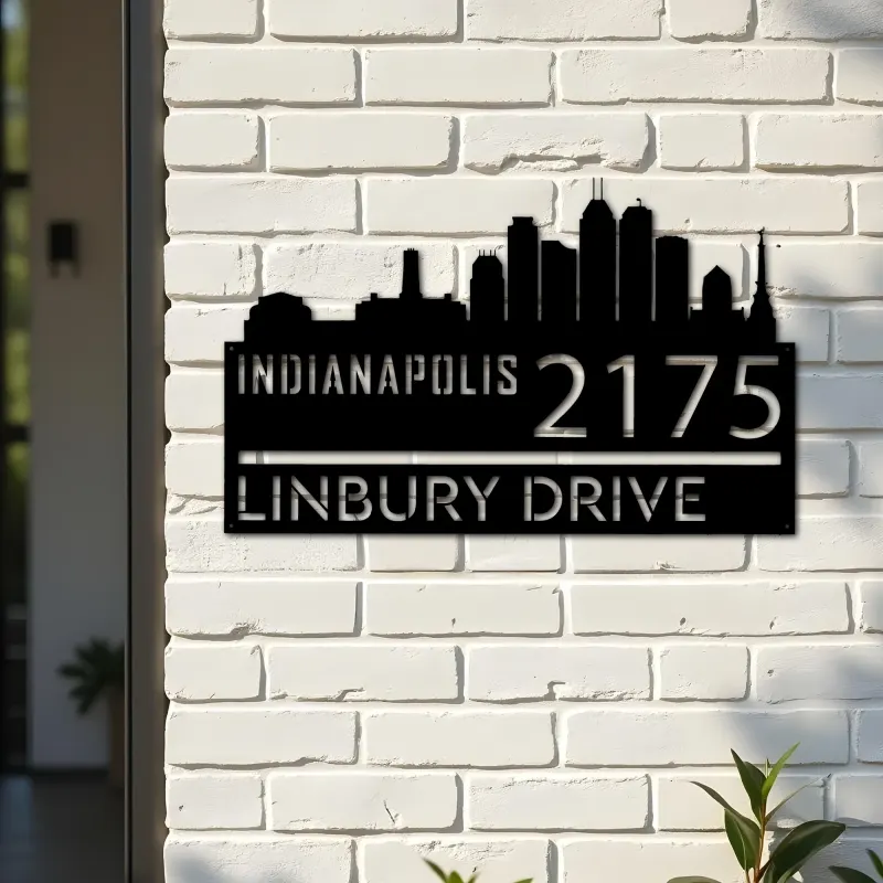 Custom Metal Indianapolis city skyline Metal Address Sign Hanging Address Plaque house number Yard Outdoor Sign