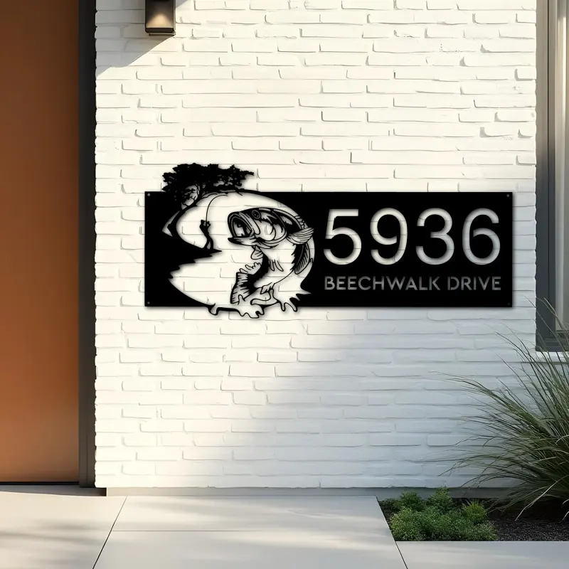 Custom Metal Bass fishing fisherman Metal Address Sign, House number, Outdoor Number Signage, Yard Sign Address Plate001