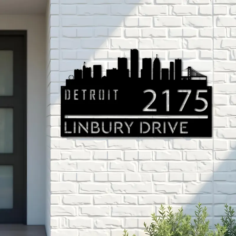 Custom Metal Detroit city skyline Metal Address Sign Hanging Address Plaque house number Yard Outdoor Sign