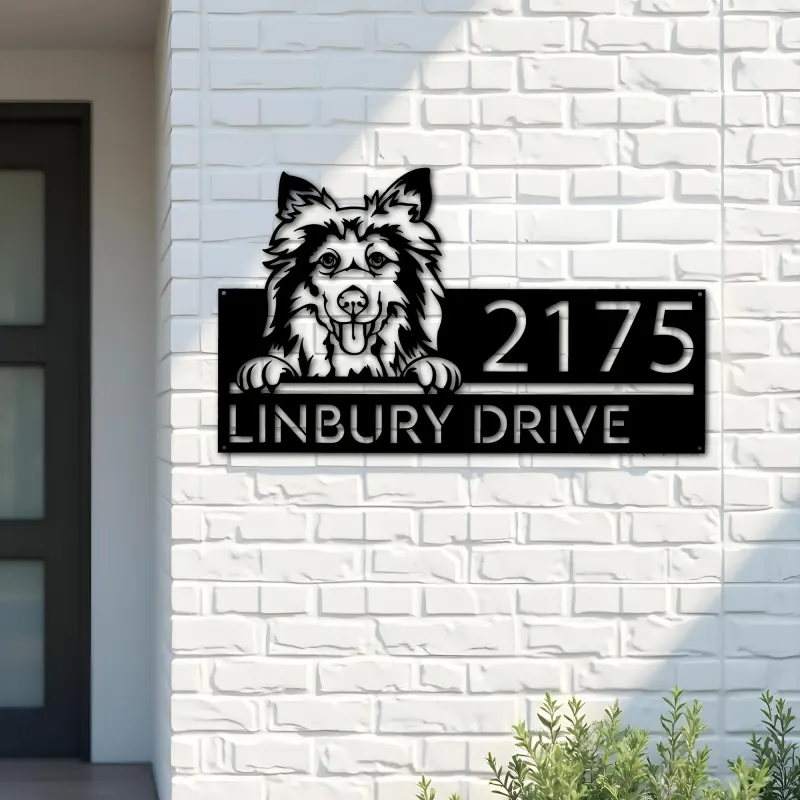 Custom Metal Shetland Sheepdog Cute puppy Metal Address Sign House number Hanging Address Plaque Yard Sign Outdoor decor