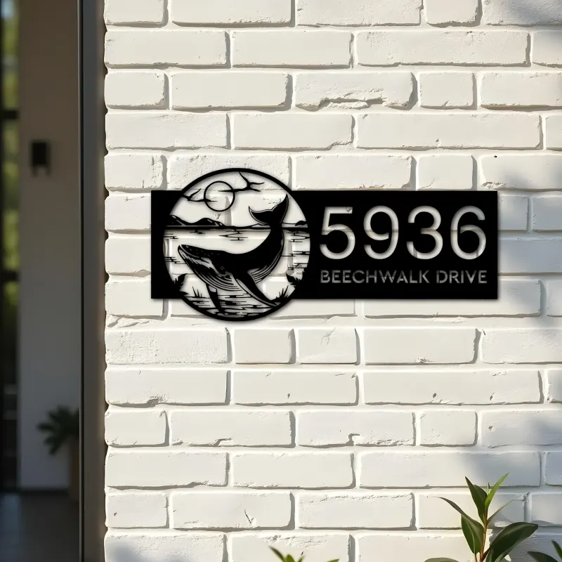 Custom Metal Blue whale Metal Address Sign Custom Hanging Address Plaque House number Yard Sign Outdoor Sign