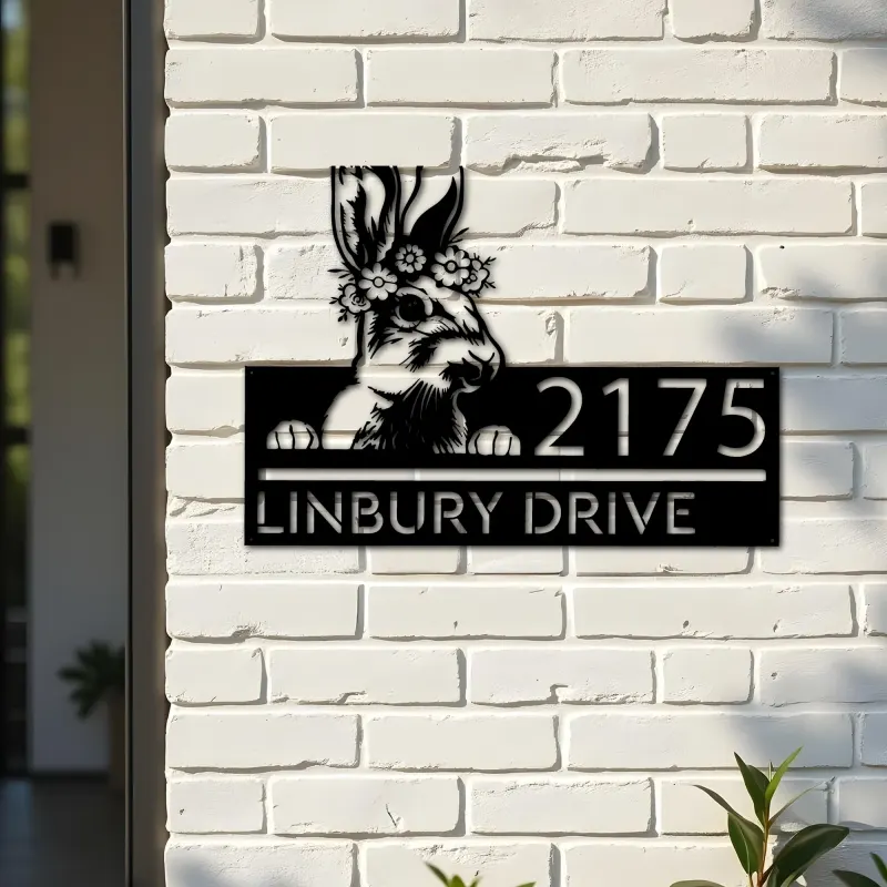 Custom Metal Peeking Rabbit bunny farmhouse Metal Address Sign House number Hanging Address Plaque Yard Sign Outdoor decor