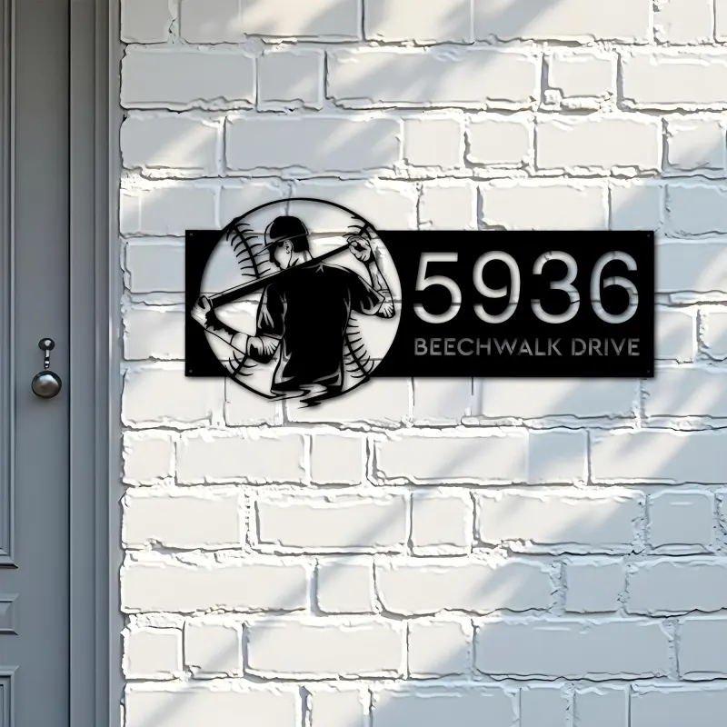 Custom Metal Baseball player Sport Metal Address Sign, House number, Outdoor Number Signage, Yard Sign Address Plate001