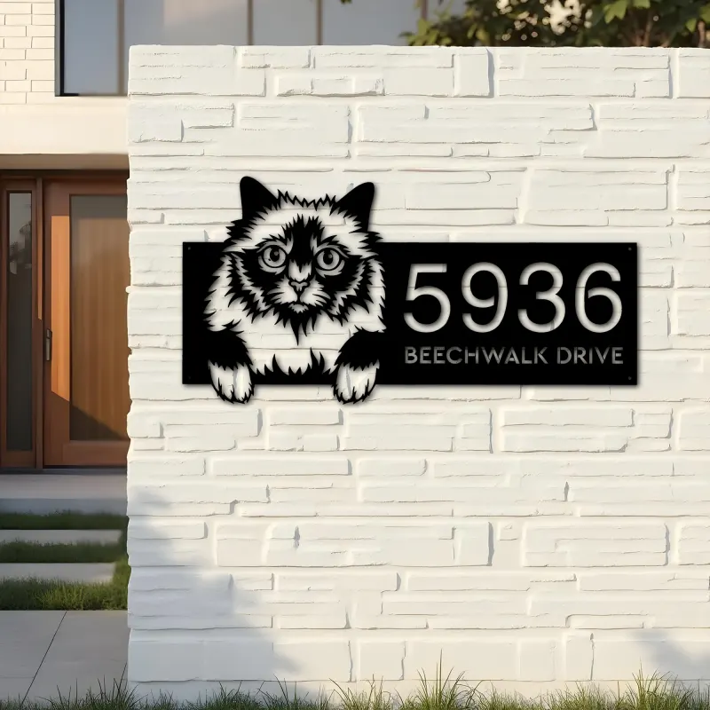 Custom Metal Holy Burma Cute peeking cat kitten Metal Address Sign, House number, Outdoor Number Signage, Yard Sign Address Plate