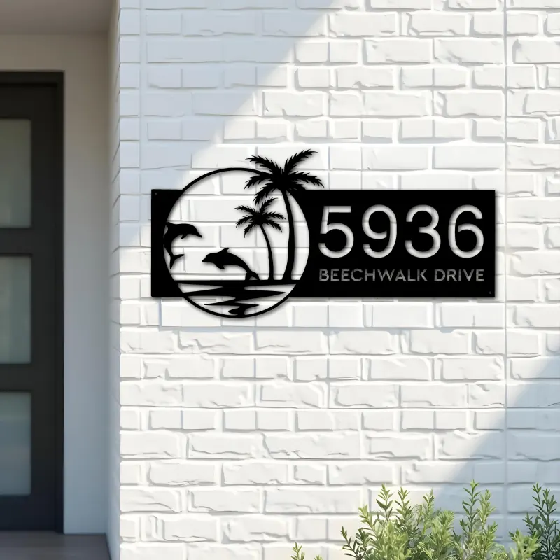 Custom Metal Dolphins Palm trees Metal Address Sign, House number, Outdoor Number Signage, Yard Sign Address Plate