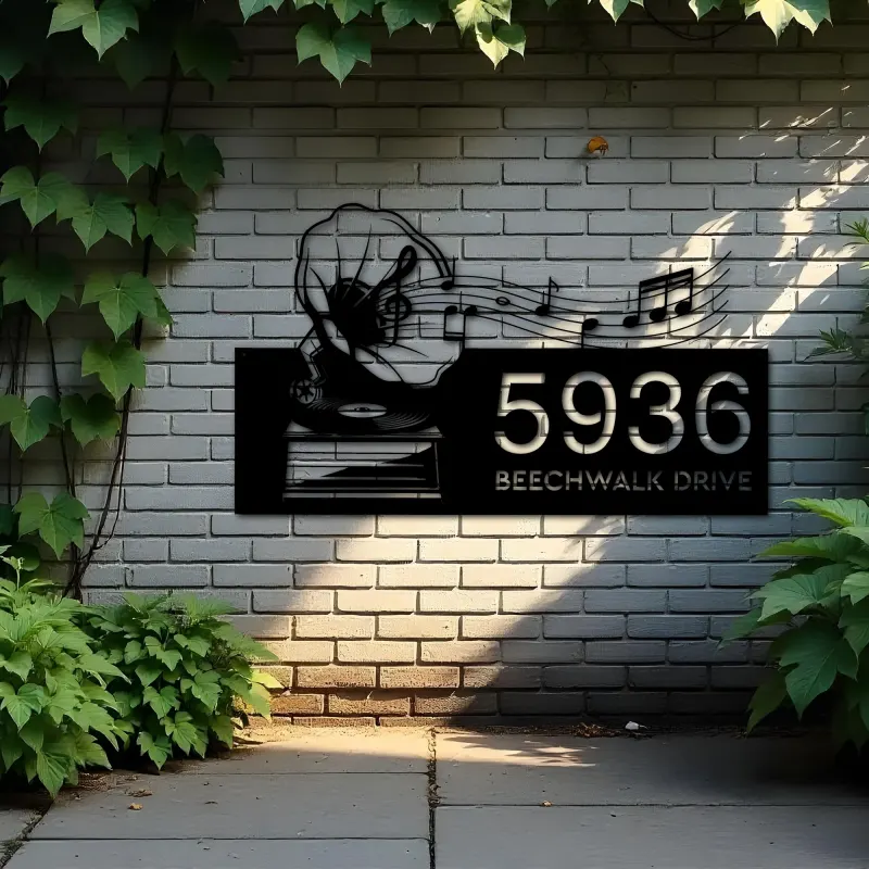 Custom Metal Gramophone retro record music Metal Address Sign Custom House number Hanging Address Plaque Yard Sign Outdoor