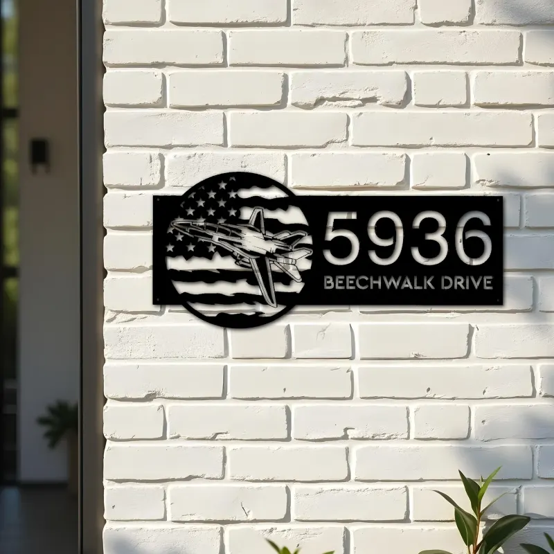 Custom Metal Tomcat Fighter Jet airplane US flag Metal Address Sign House number Hanging Address Plaque Yard Sign Outdoor