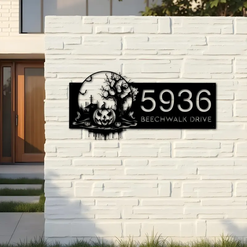 Custom Metal Haunted scene halloween pumpkin Metal Address Sign Custom House number Hanging Address Plaque Yard Outdoor Sign