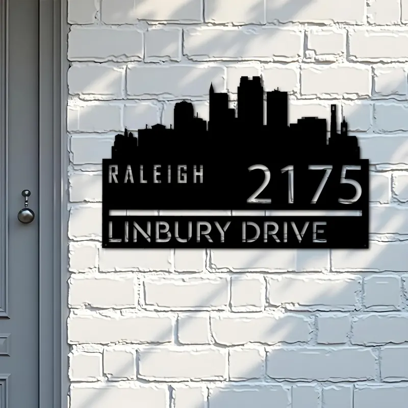 Custom Metal Raleigh city skyline Metal Address Sign Hanging Address Plaque house number Yard Outdoor Sign