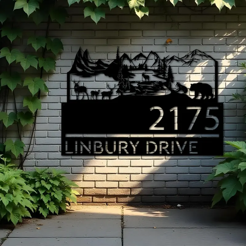 Custom Metal Forest elk deer bear scene Metal Address Sign, House number, Outdoor Number Signage, Yard Sign Address Plate