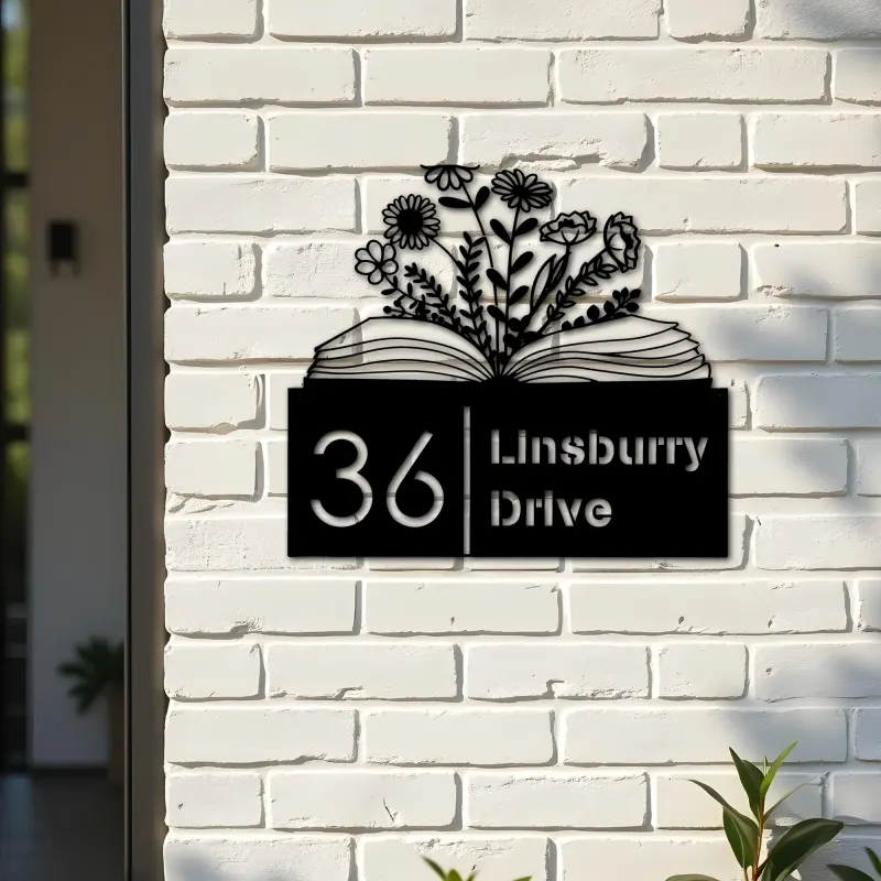 Custom Metal Floral book book lover reading Metal Address Sign, House number, Outdoor Number Signage, Yard Sign Address Plate