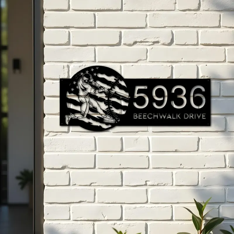 Custom Metal Baseball player distressed US flag Metal Address Sign, House number, Outdoor Number Signage, Yard Sign Address Plate