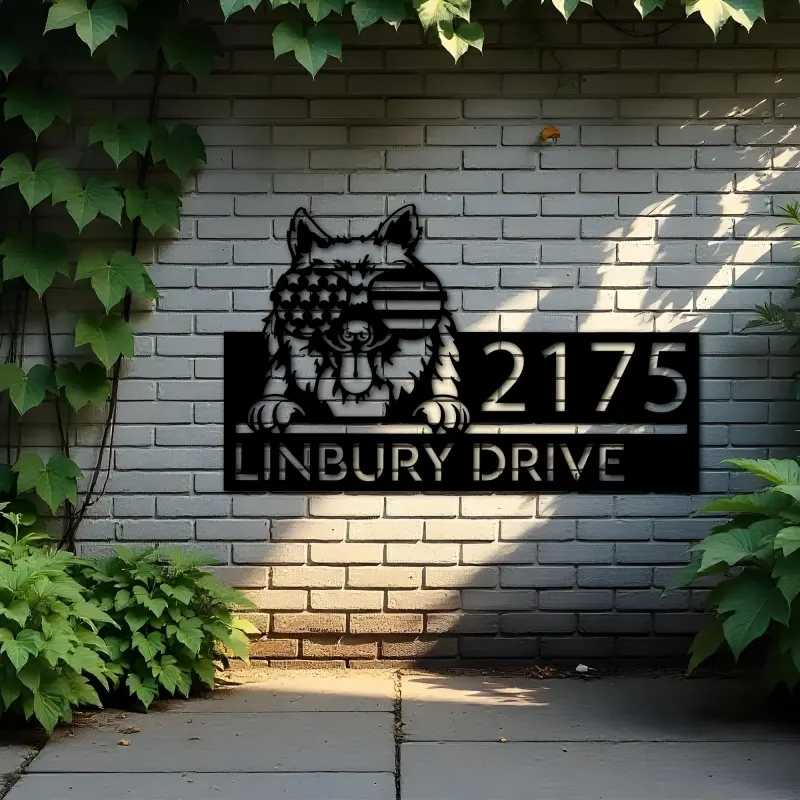 Custom Metal Keeshond dog US flag glasses Metal Address Sign House number Hanging Address Plaque Yard Sign Outdoor decor