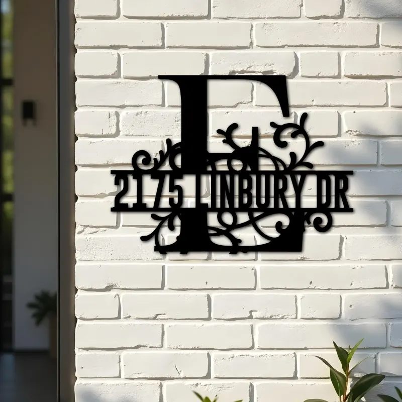 Custom Metal Floral Monogram Split Letter E Metal Address Sign House number Hanging Address Plaque Yard Sign Outdoor decor