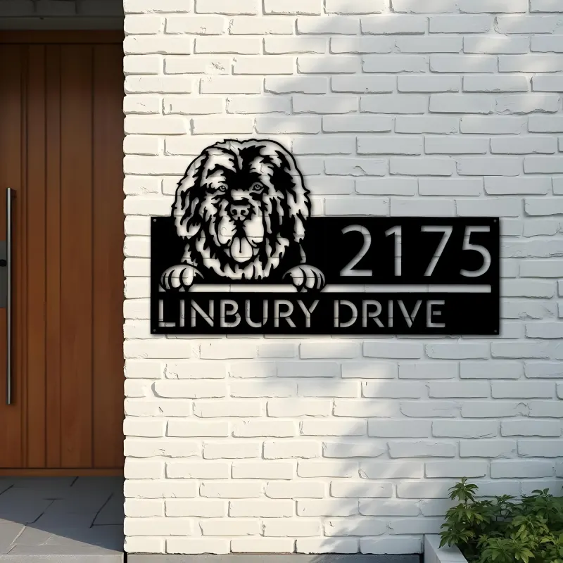 Custom Metal Newfoundland dog Cute puppy Metal Address Sign House number Hanging Address Plaque Yard Sign Outdoor decor