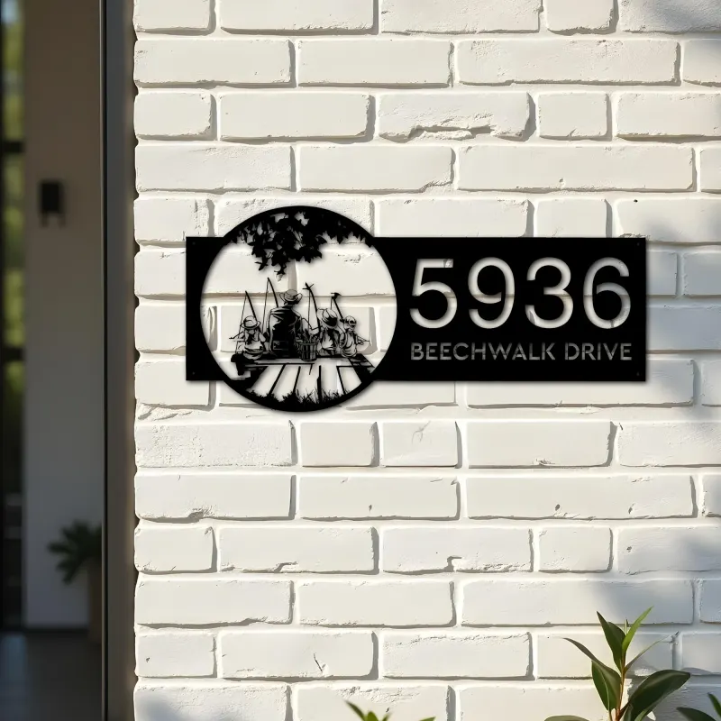 Custom Metal Dad and children go fishing Metal Address Sign Custom House number Hanging Address Plaque Yard Sign Outdoor