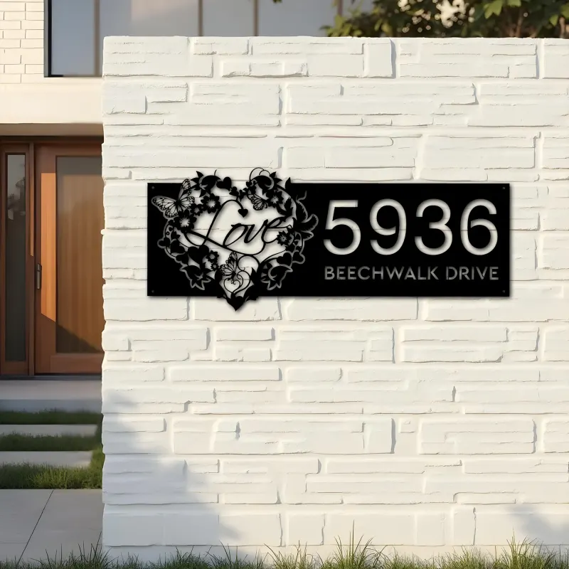Custom Metal Floral Love heart butterfly Metal Address Sign, House number, Outdoor Number Signage, Yard Sign Address Plate