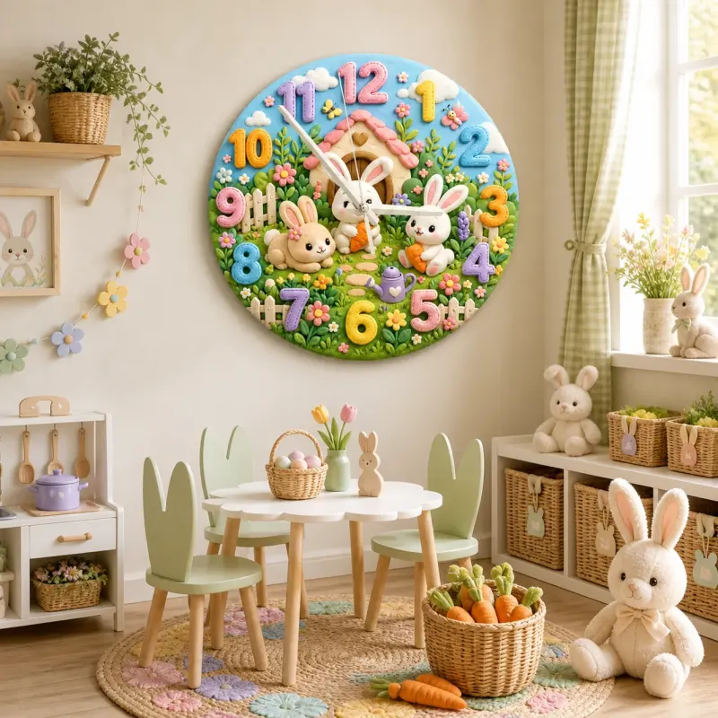 Pastel Bunny Garden Kids Room Wall Clock