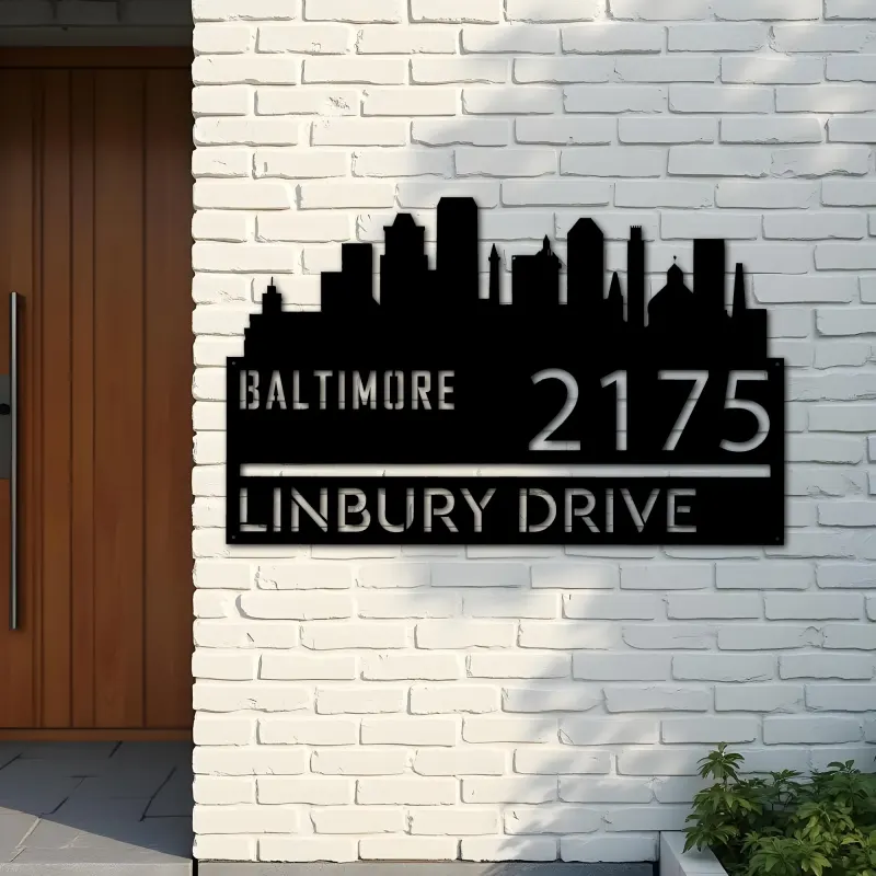 Custom Metal Baltimore city skyline Metal Address Sign Hanging Address Plaque house number Yard Outdoor Sign